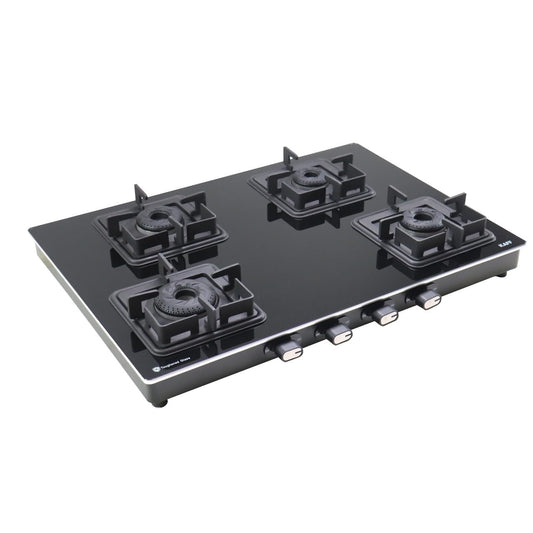 KAFF Cooktop 4 Burners 69 CM, Black Coated Brass Burners, Slim Line Design, Decorative SS Moulded Strip on All Sides for Edge Protection Integrated Flame Protector Black | CTQ694B