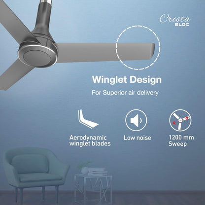 Havells 1200mm Crista BLDC Motor Ceiling Fan | Premium Finish with RF Remote, 100% Copper, Upto 60% Energy Saving | Low Noise: 55dB, 2 Year Warranty, Dust Resistant | (Pack of 1, Slate)
