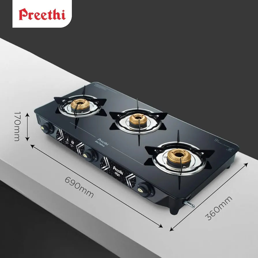 Preethi Alya 2 Burner Glass Top Gas Stove | 5-Year Warranty on Glass & Burners | ISI Certified