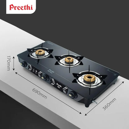 Preethi Alya 2 Burner Glass Top Gas Stove | 5-Year Warranty on Glass & Burners | ISI Certified
