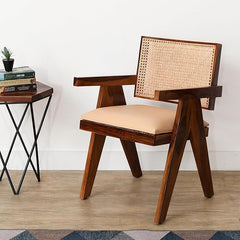 Sheesham Wood Arm Chair with Cane Backrest and Cushioned Seat for Living Room, Bedroom & Office – Natural Finis