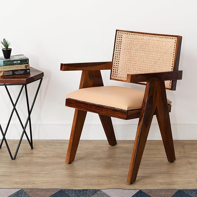 Sheesham Wood Arm Chair with Cane Backrest and Cushioned Seat for Living Room, Bedroom & Office – Natural Finis
