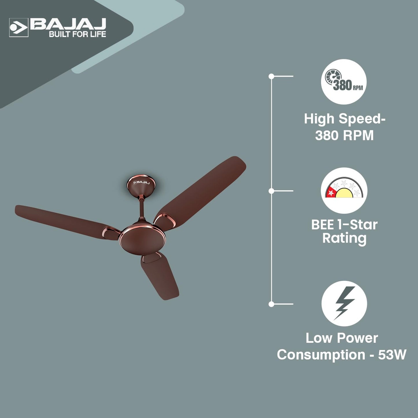 Bajaj Trendy EE 1200 Mm Ceiling Fan | Energy Efficient With BEE 1-Star Rated | 2 Years Warranty【Walnut & Rustic Copper 】