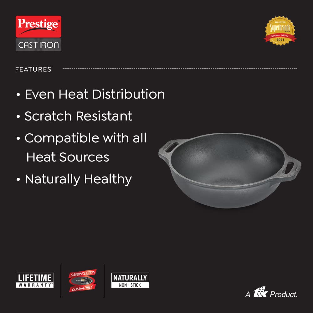 Prestige Cast Iron Kadai(26cm)|Even Heat Distribution|Scratch Resistant|Compatible with Gas & Induction|Retains Heat for Long|10 Years Warranty