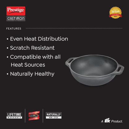 Prestige Cast Iron Kadai(26cm)|Even Heat Distribution|Scratch Resistant|Compatible with Gas & Induction|Retains Heat for Long|10 Years Warranty