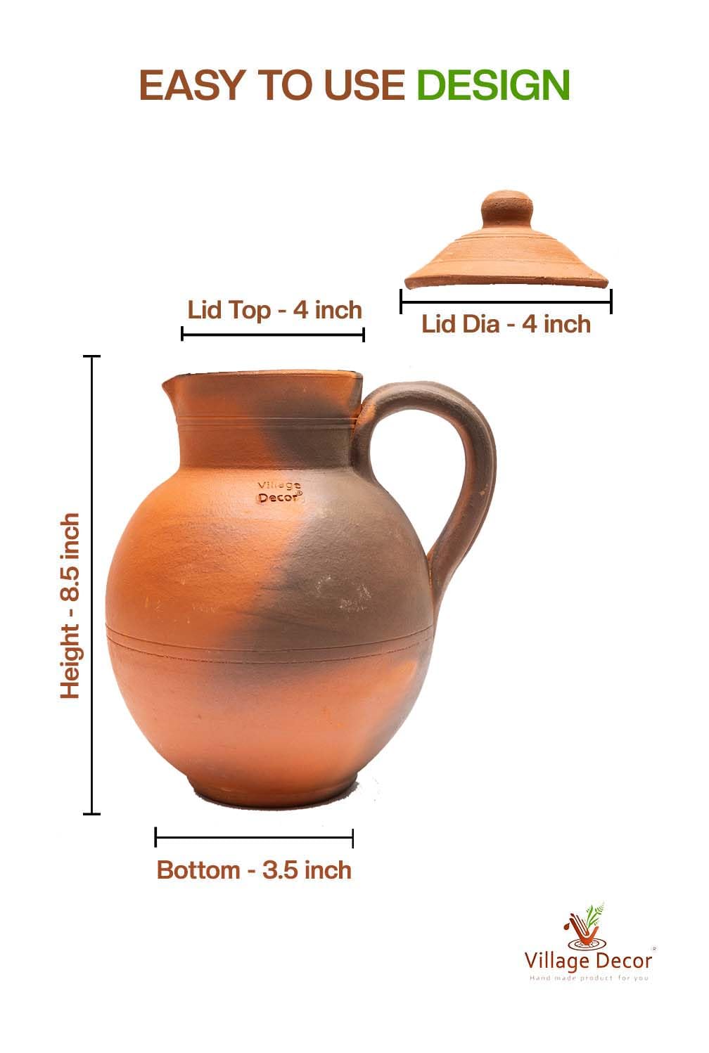Village Decor Handmade Terracotta Preseasoned Clay Classic Water jug 1.5-2 Liter (Clay jug with lid)