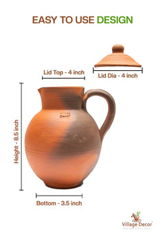 Village Decor Handmade Terracotta Preseasoned Clay Classic Water jug 1.5-2 Liter (Clay jug with lid)