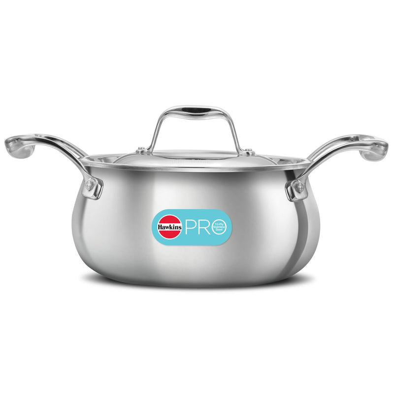 Hawkins Pro 2 Litre Handi with Lid, Triply Stainless Steel Sauce Pan for Cooking and Serving Biriyani, Silver (PSH20S)