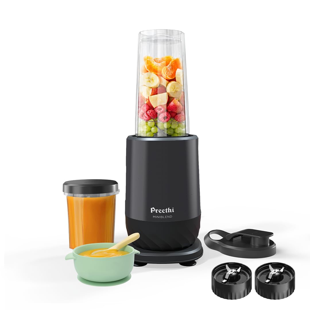 Preethi MiniBlend 300W Plastic Blender Mixer Grinder with 2 Jars, Razor Sharp Blades, for Smoothies, Purees, and Baby Food, Black