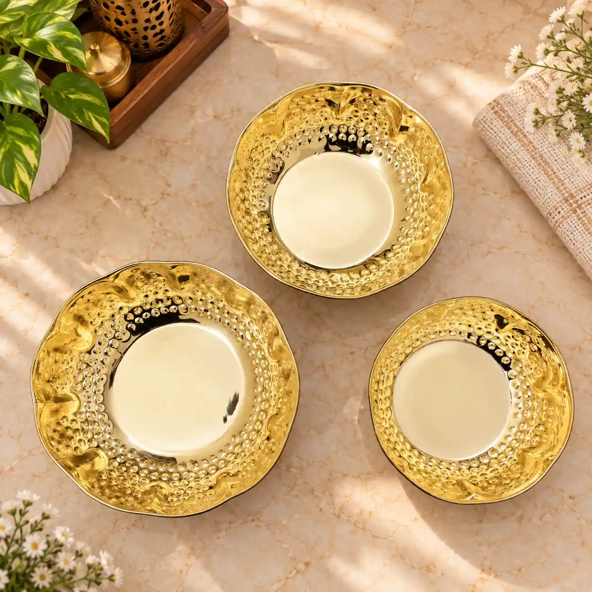 Brass Hammered Urli Bowl (Set of 3)