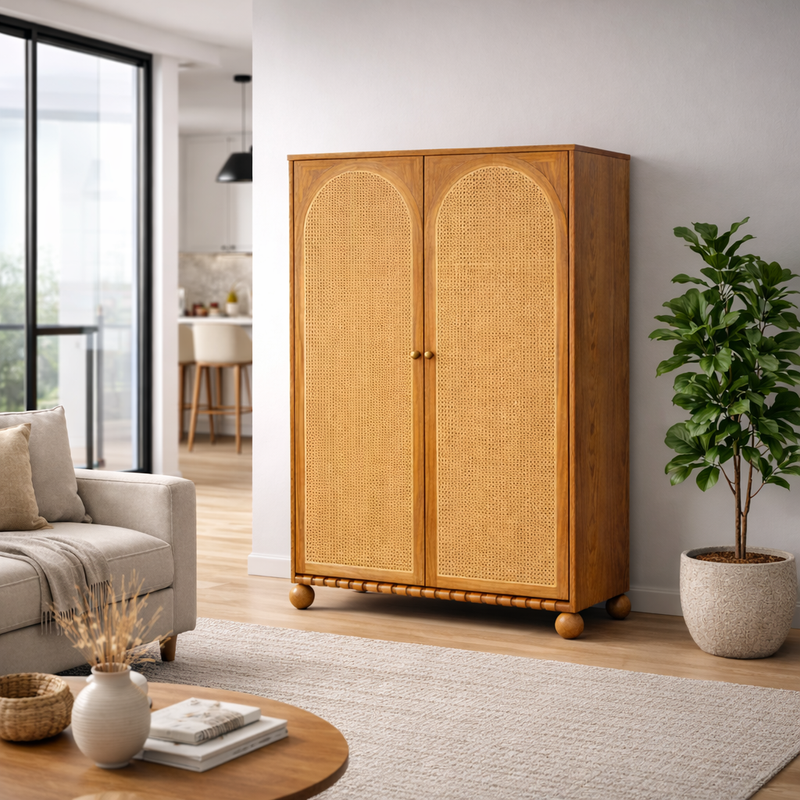 Valencia Rattan Mid-Century Wooden Cane Cabinet