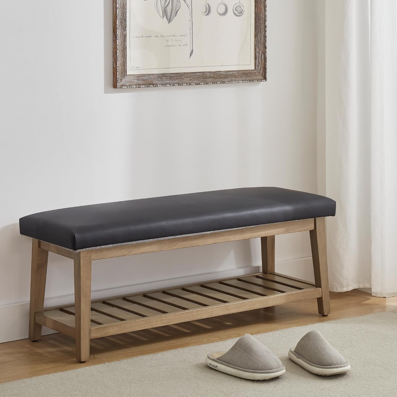 Ottoman Benches with Solid Wood Shelf, Storage Bench for Hallway, Living Room