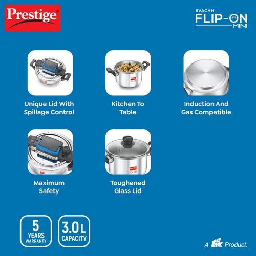 Prestige Svachh Flip-on Mini Stainless Steel Gas and Induction Compatible Pressure Cooker with Glass Lid, 3 Litre (Silver)