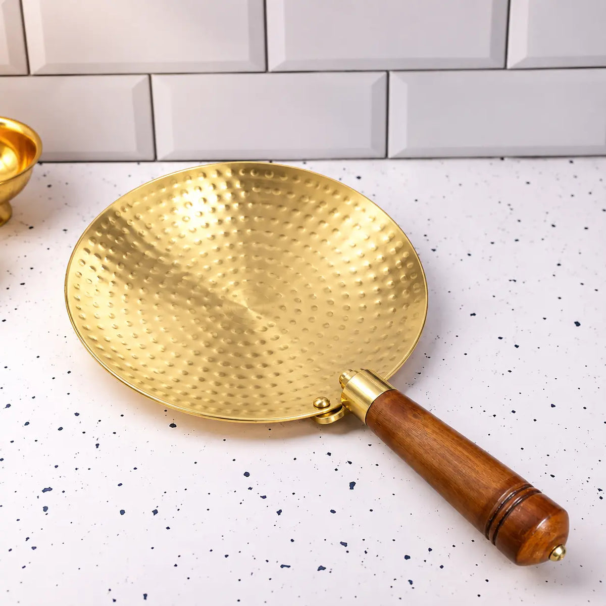 Brass Hammered Roti Tawa With Wooden Handle (14.5 Inch)