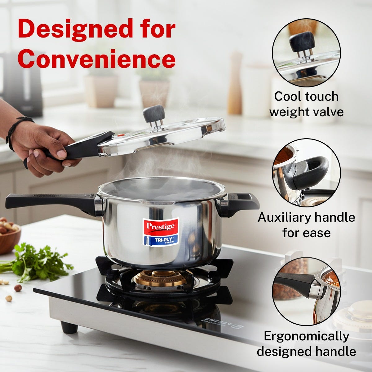Prestige 3 Litre TRIPLY Svachh Outer Lid Pressure Cooker, Deep Lid Spillage Control, Gas & Induction + Prestige Platina Popular Stainless Steel Impact Forged Bottom Kadai with Glass Lid, 24cm, 2.8 L