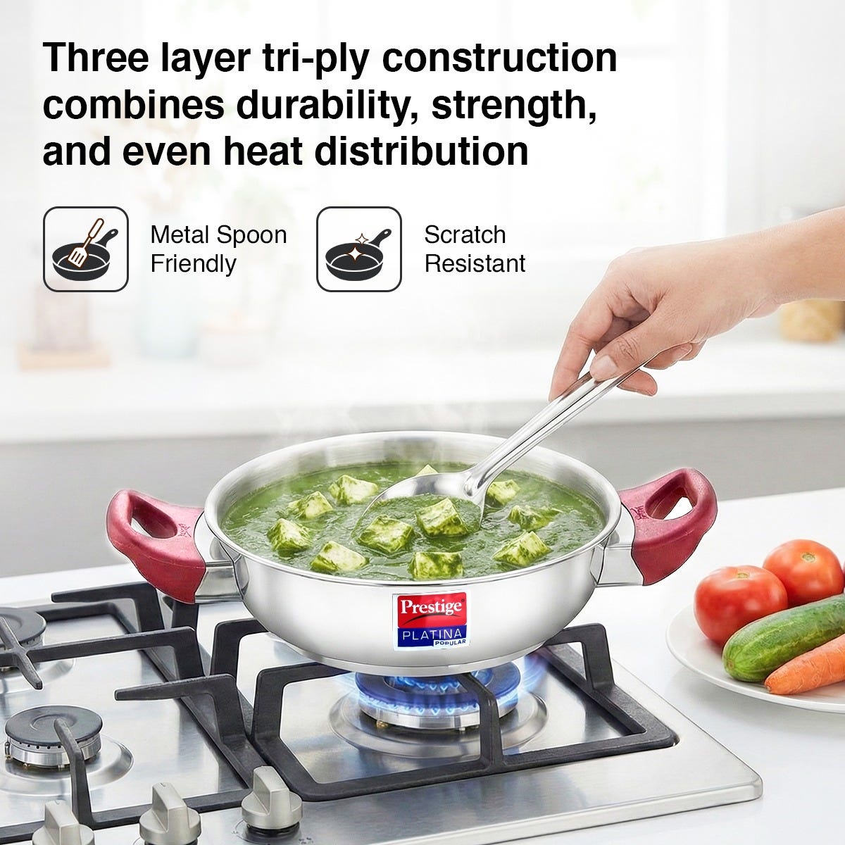 Prestige 3 Litre TRIPLY Svachh Outer Lid Pressure Cooker, Deep Lid Spillage Control, Gas & Induction + Prestige Platina Popular Stainless Steel Impact Forged Bottom Kadai with Glass Lid, 24cm, 2.8 L