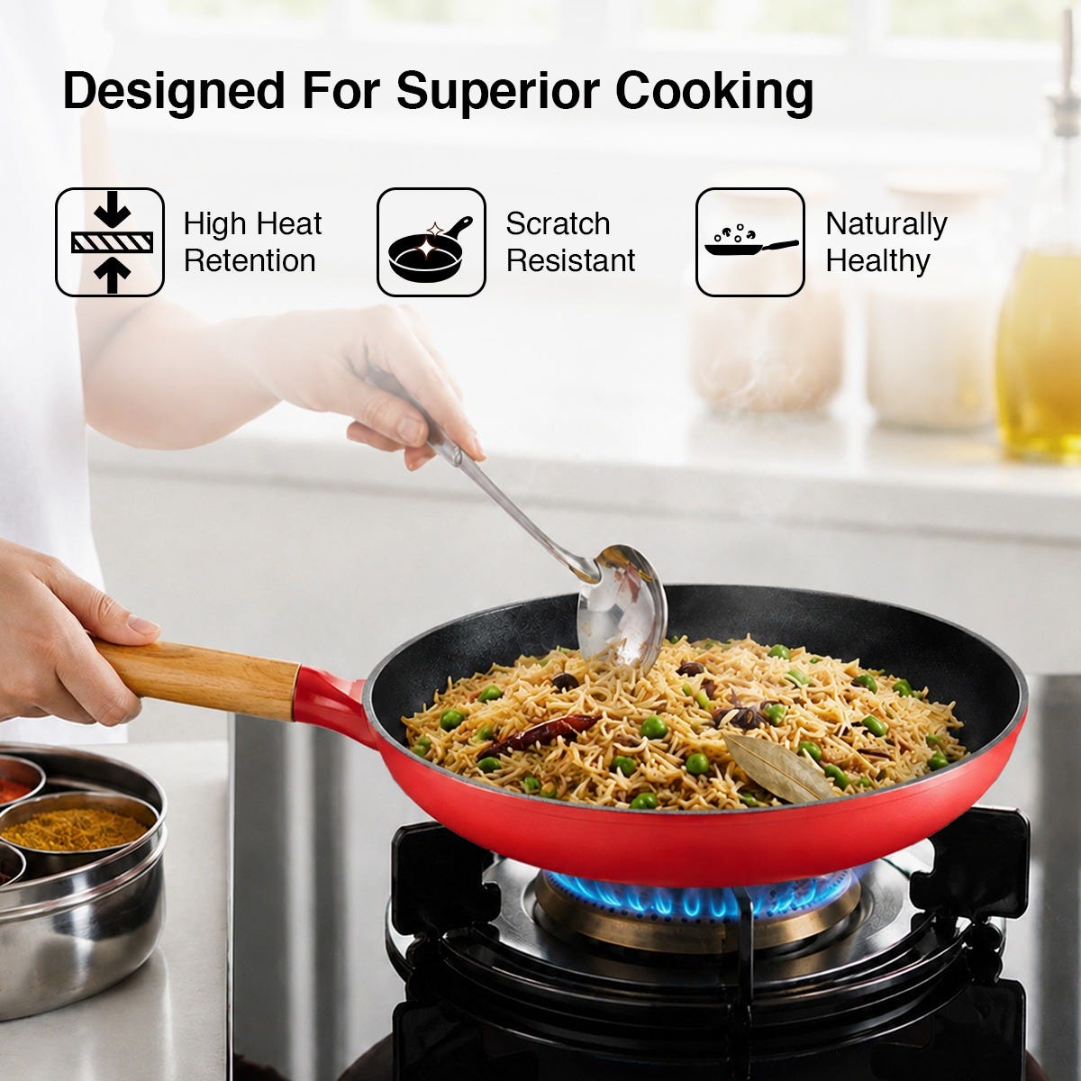 Prestige Castlite Enamel Coated Cast Iron Fry Pan 20cm/0.8L, Lightweight, Stay-Cool Handle + Prestige Castlite Enamel Coated Cast Iron Kadai 24cm/2.3L with Glass Lid, Gas & Induction, 15Y Warranty