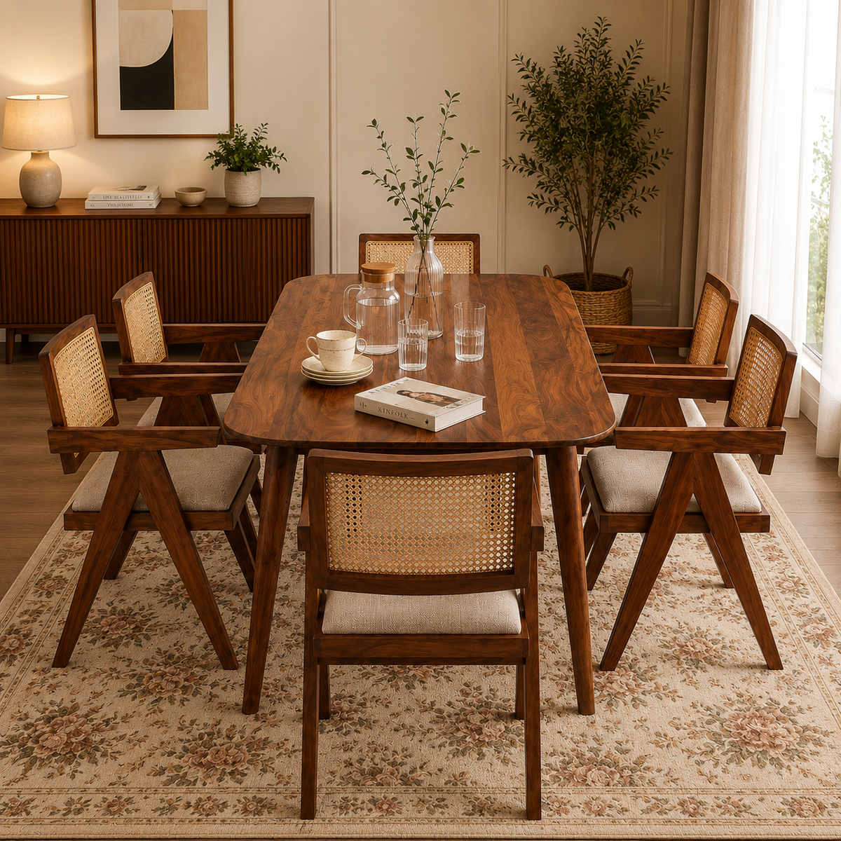 Astera Sheesham Wood 6 Seater Dining Set with Natural Cane Chairs