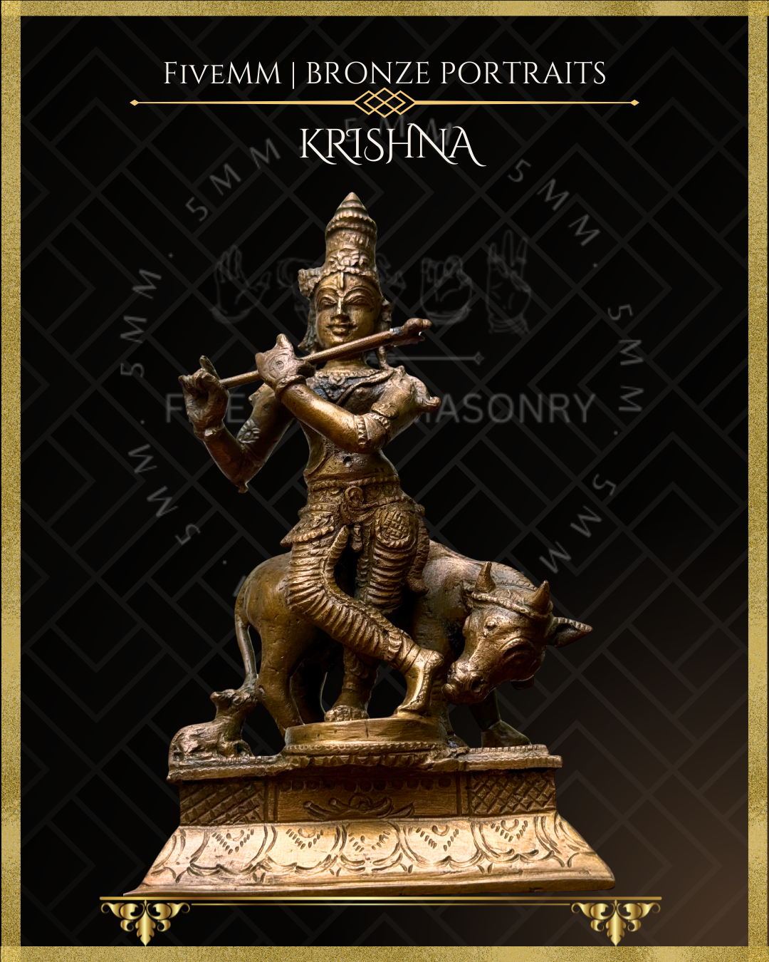 Krishna with cow & calf Panchaloha Bronze Icon - 6.5"