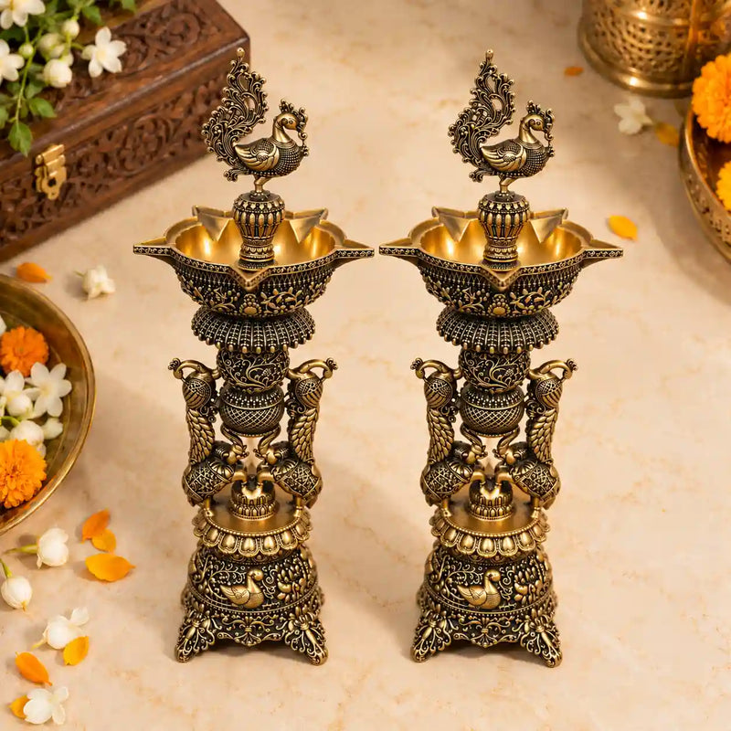 Brass Lightweight Peacock Samai/Lamp Pair
