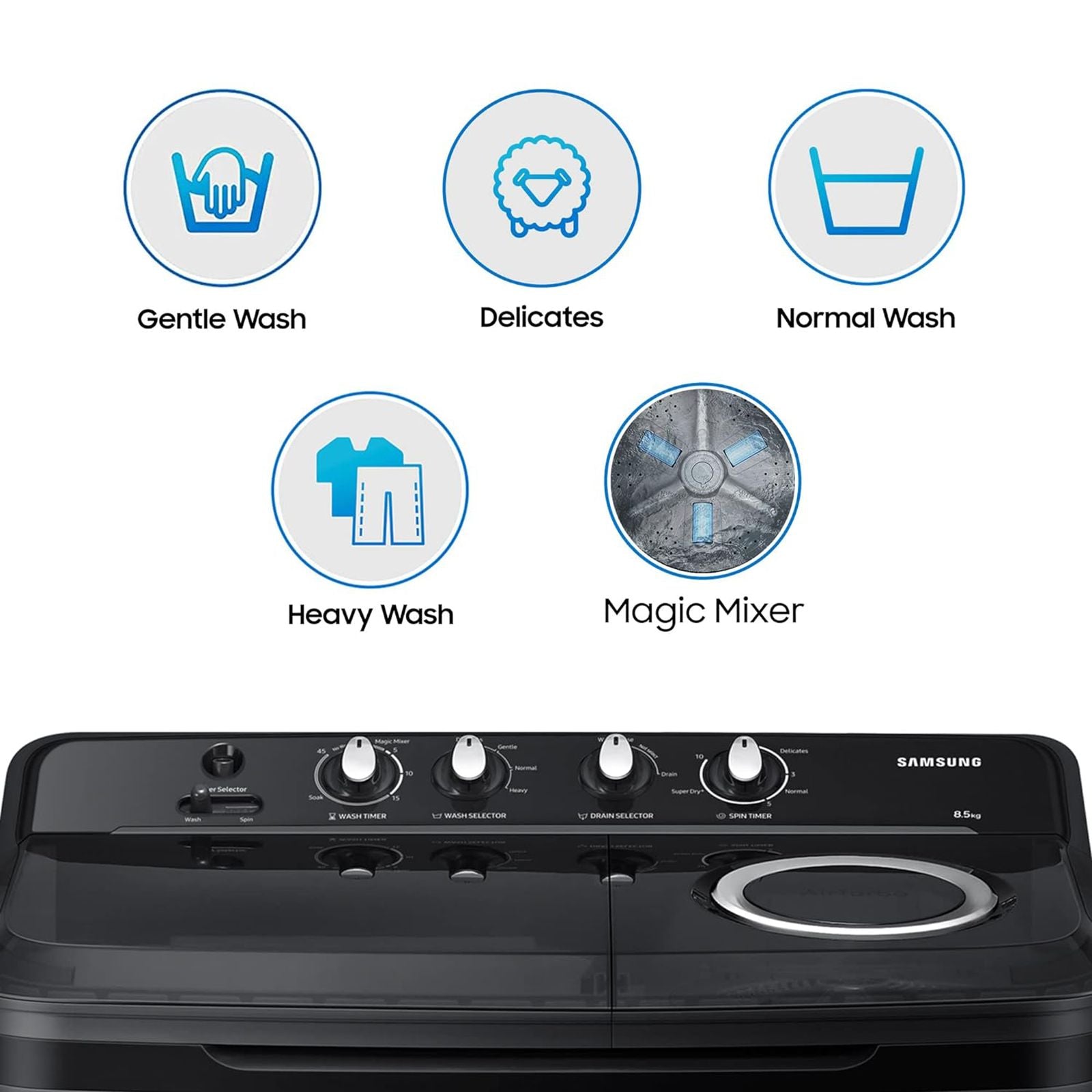 SAMSUNG 8.5 kg 5 Star Semi Automatic Washing Machine with Air Turbo Drying System (WT85B4200GD/TL, Dark Grey)