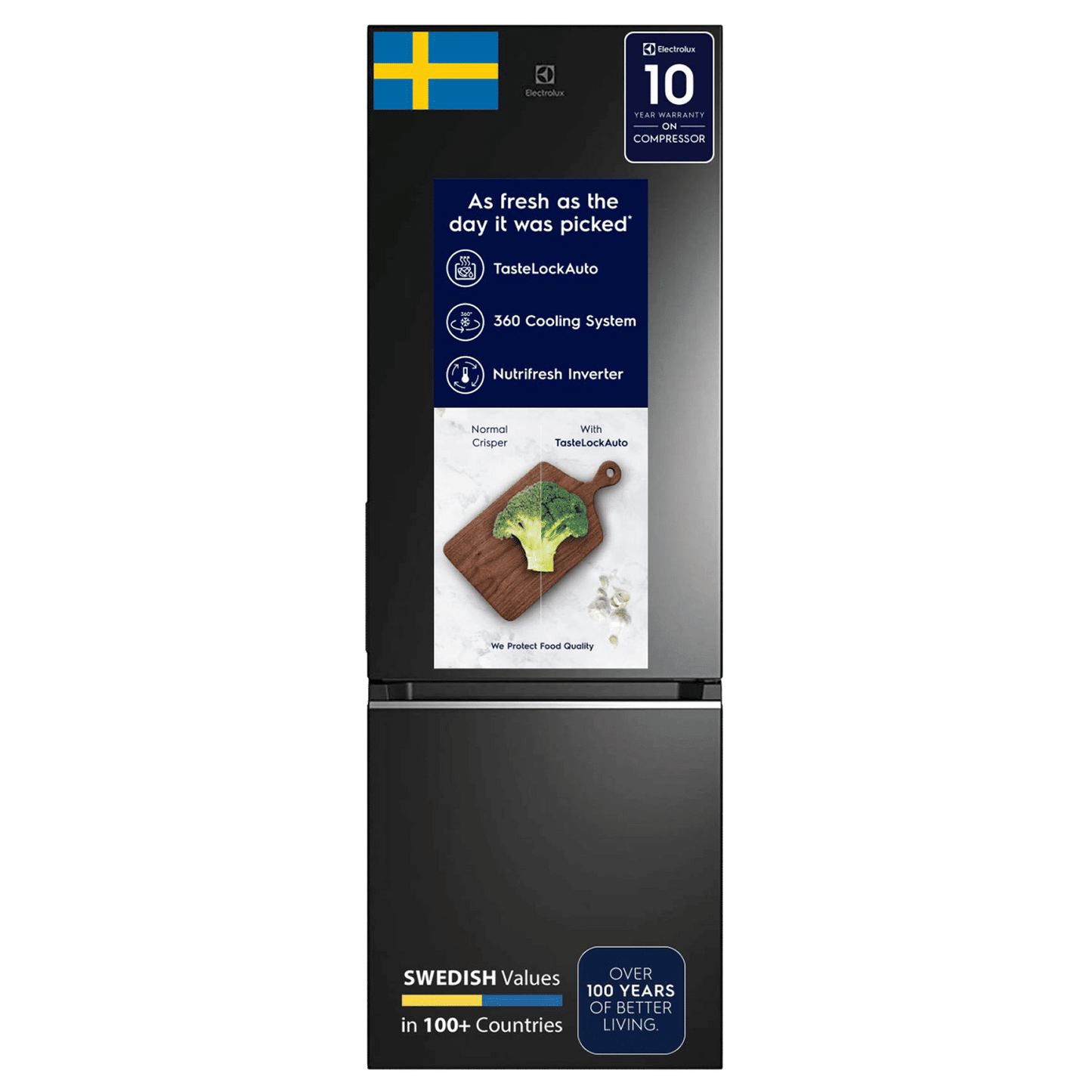 Electrolux UltimateTaste 300 335 Litres 1 Star Frost Free Double Door Bottom Mount Refrigerator with Door Alarm (EBB3702K-H, Glossy Black Steel)