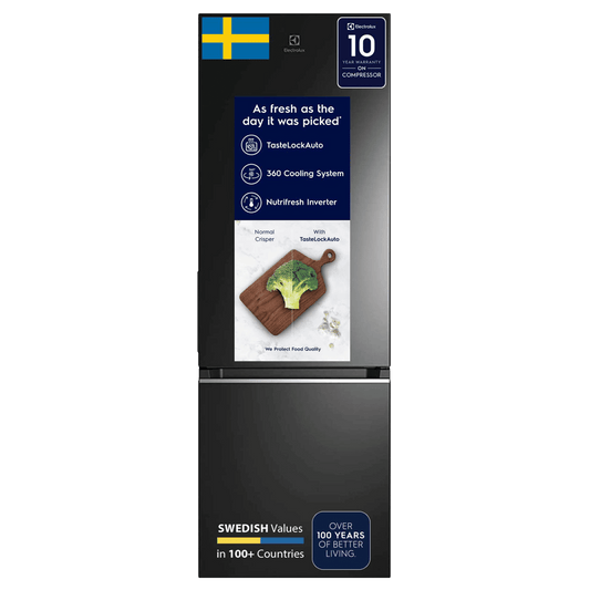 Electrolux UltimateTaste 300 335 Litres 1 Star Frost Free Double Door Bottom Mount Refrigerator with Door Alarm (EBB3702K-H, Glossy Black Steel)