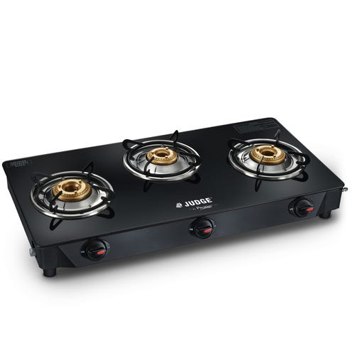 Judge by Prestige 3 Burner Deluxe Glasstop Gas Stove | High-efficiency Tri-pin Brass Burners | Spill Proof Design | 2 years Warranty