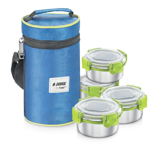 Judge by Prestige Non-Insulated Tiffin Box with Pouch, Set of 4 Container (300 ml x 4)