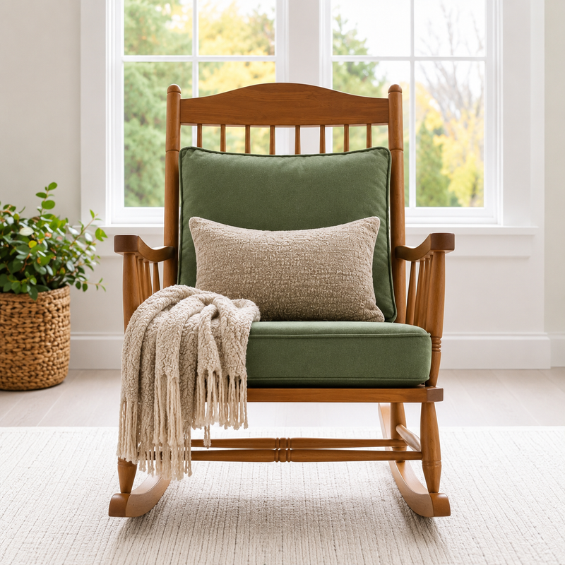 High-Back Solid Wood Rocking Chair with Cushions