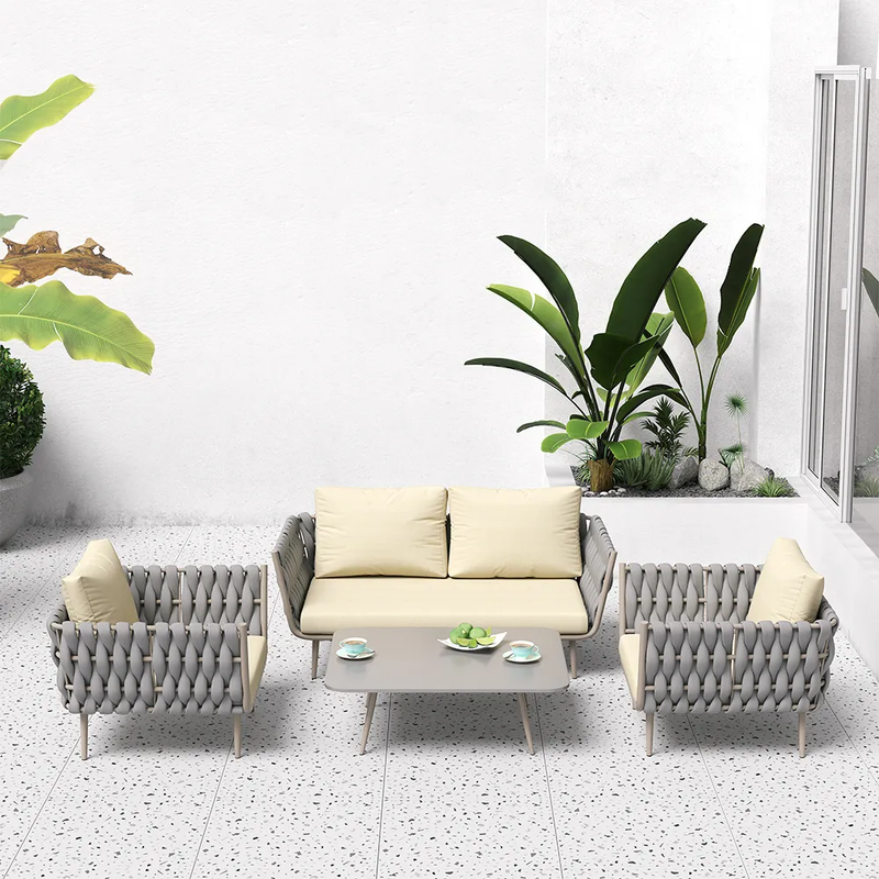 Bifrox Outdoor Garden Balcony Sofa Set 2 Seater, 2 Single seater and 1 Center Table  Set, Braid & Rope (Beige + Grey)