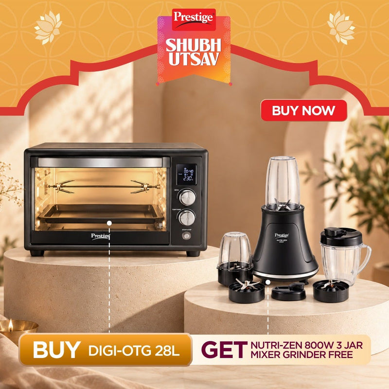 Prestige Digi-OTG 28L Oven Toaster Grill, Digital Display, Convection/Air Fryer, Rotisserie + Prestige Nutri-Zen Mixer Grinder, 3 Polycarbonate Jars (Big 1000ml, Sipper with Handle 700ml, Small 700ml)