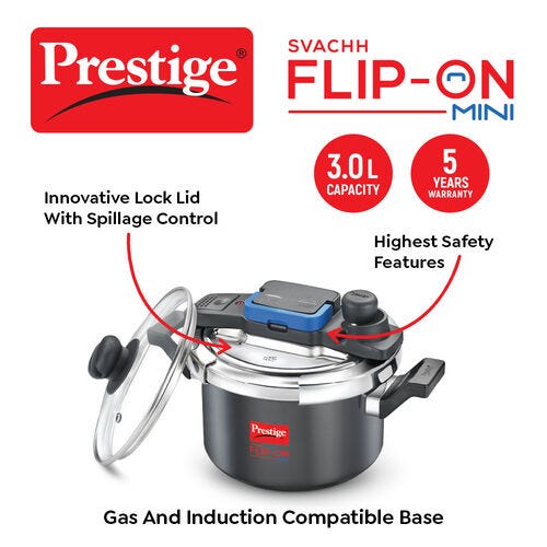 Prestige Svachh Flip-on Mini Hard Anodised Spillage Control Pressure Cooker with Glass Lid, (Black)