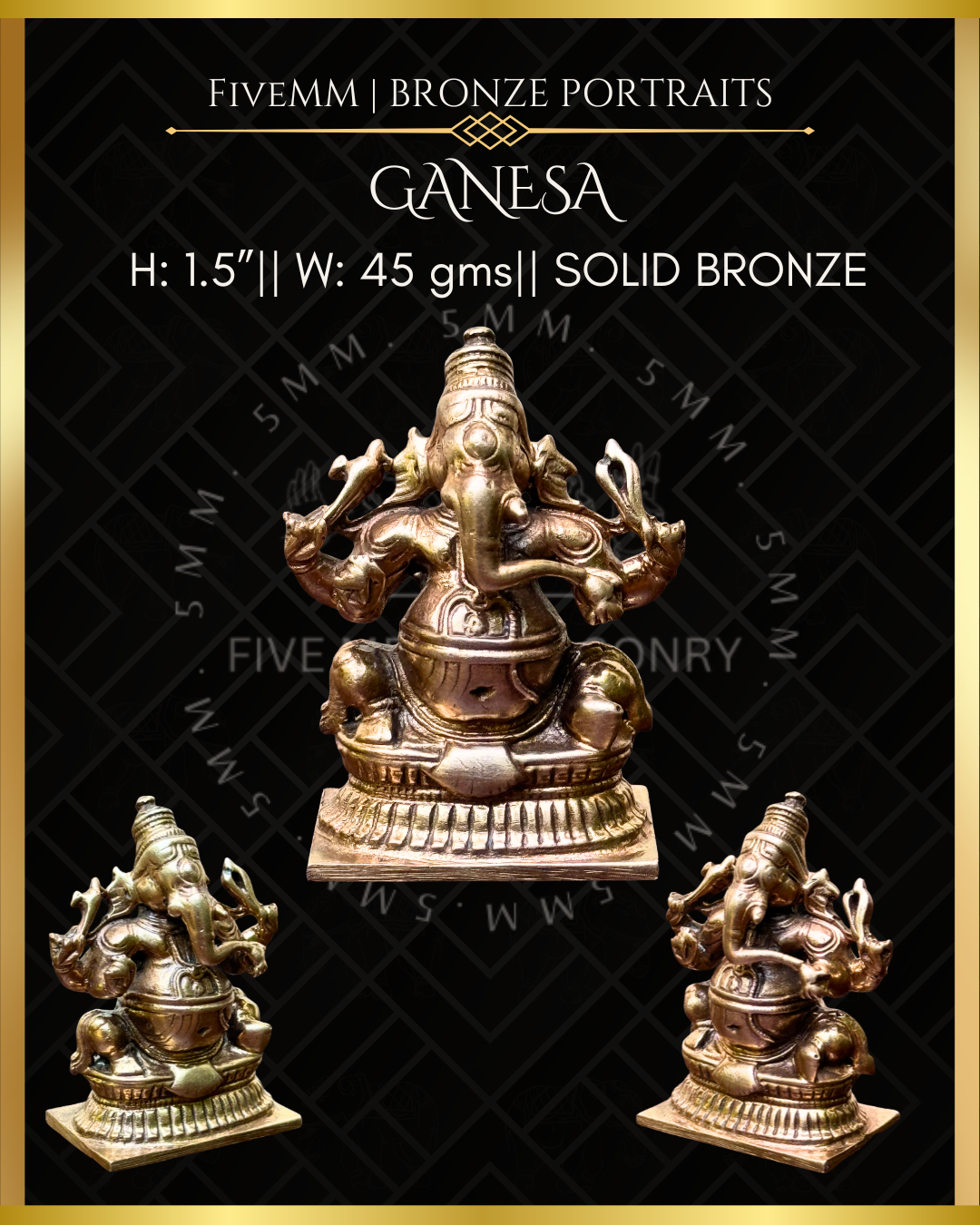 Ganesa Panchaloha Bronze Icon - 1.5" Seated (Trunk:Left) - Polished finish