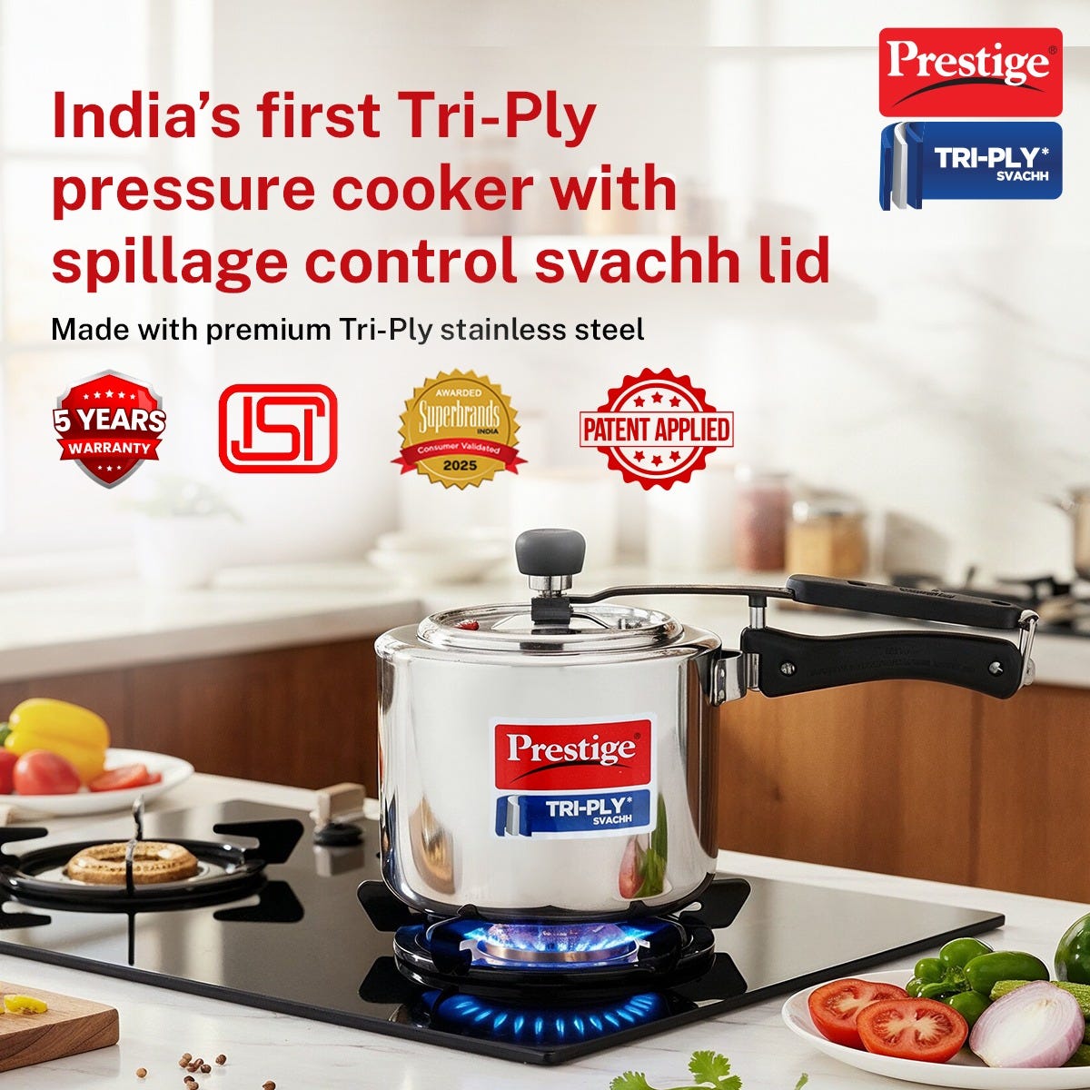 Prestige 3 Litre TRIPLY Svachh Inner Lid Pressure Cooker, Deep Lid Spillage Control, Gas & Induction + Prestige Platina Popular Stainless Steel Impact Forged Bottom Kadai with Glass Lid, 24cm, 2.8 L