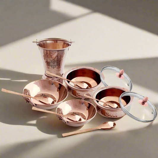 Indian Art Villa, Rose Gold Steel Tableware Gift Set, Hammered Design, 10 Pieces