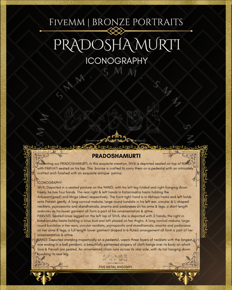 Pradosha Murti Shiva and Uma sitting on Nandi Panchaloha Bronze Icon - 8" with arch