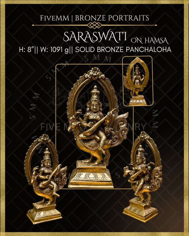 Saraswati seated on Hamsa Panchaloha Bronze Icon - 8"