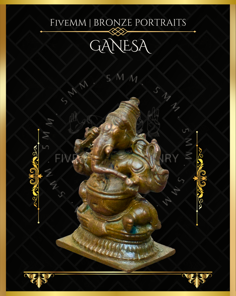 Ganesa Panchaloha Bronze Icon - 1.5" Seated (Trunk:Left) - Antique finish