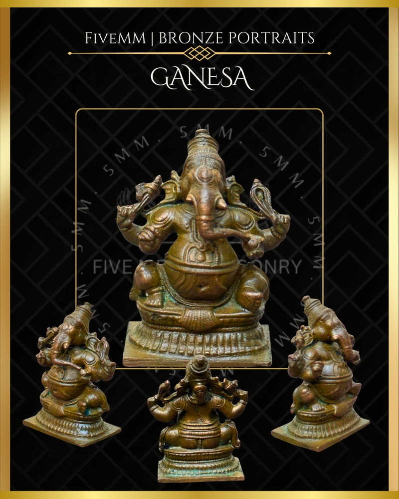 Ganesa Panchaloha Bronze Icon - 1.5" Seated (Trunk:Left) - Antique finish