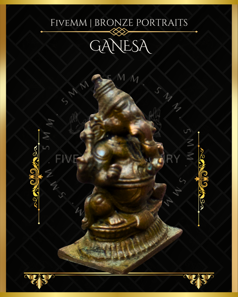 Ganesa Panchaloha Bronze Icon - 1.5" Seated (Trunk:Right) - Antique finish