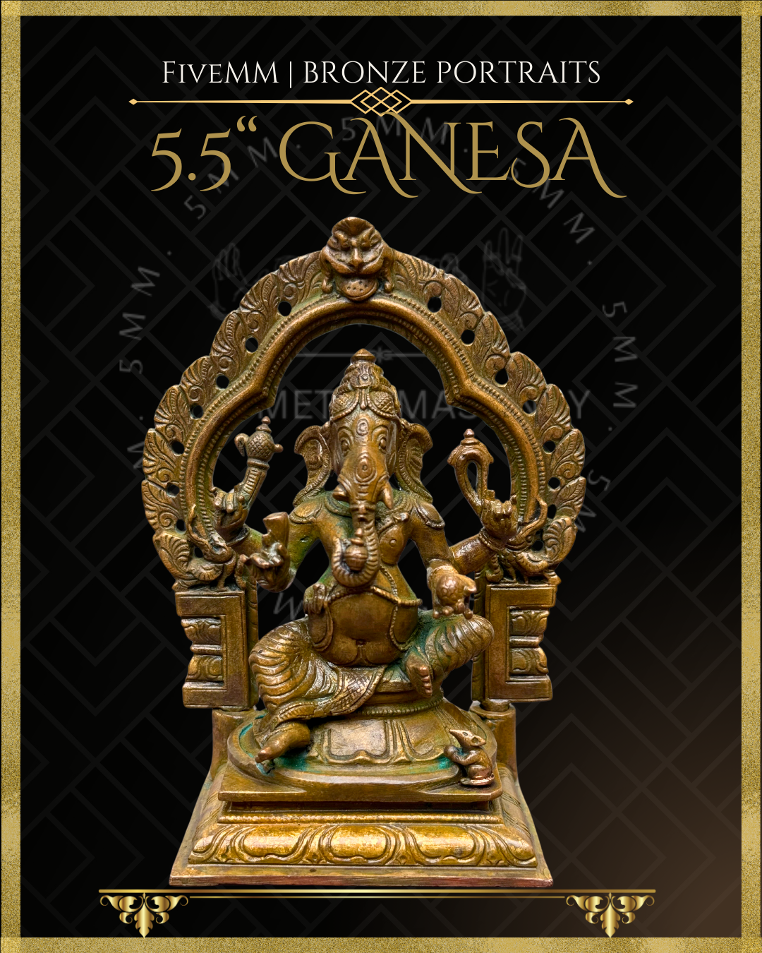 Ganesa Panchaloha Bronze Icon - 5.5" Seated with arch - Antique finish