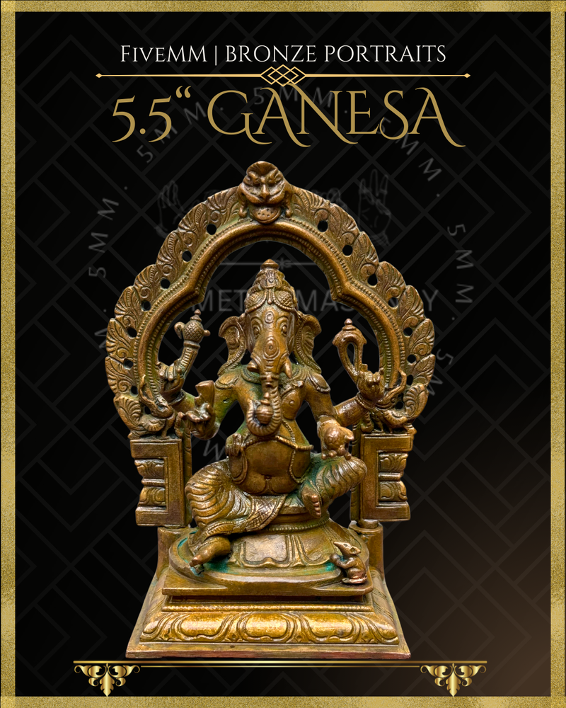 Ganesa Panchaloha Bronze Icon - 5.5" Seated with arch - Antique finish