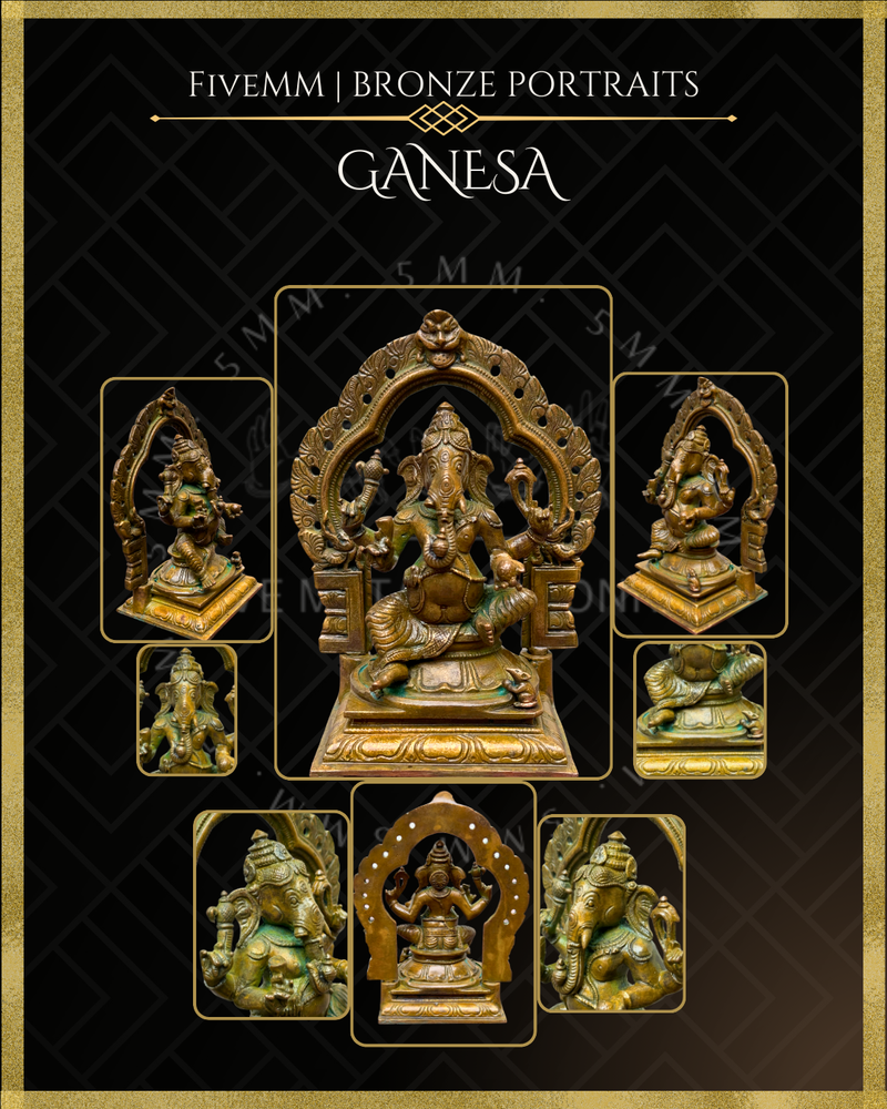 Ganesa Panchaloha Bronze Icon - 5.5" Seated with arch - Antique finish