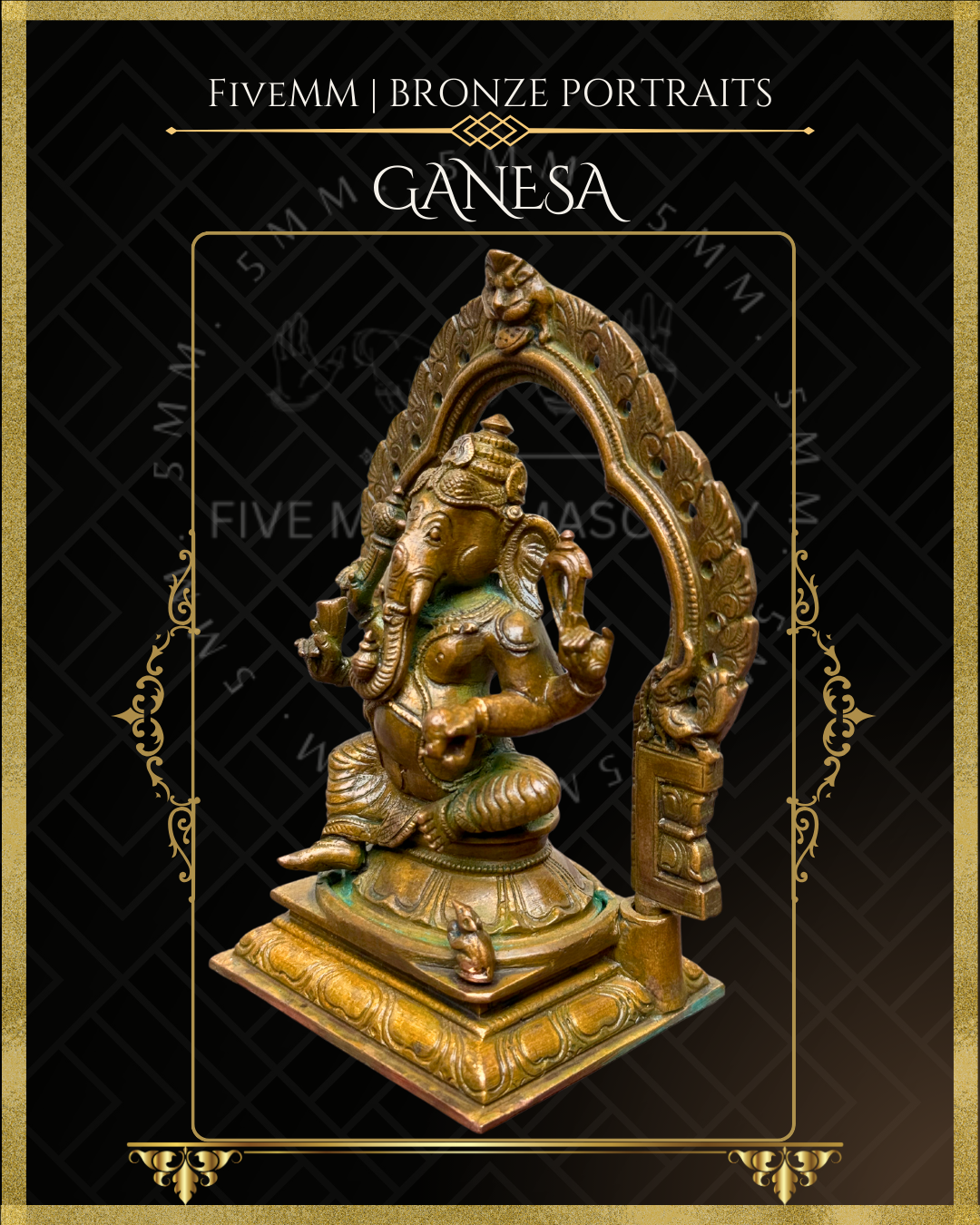 Ganesa Panchaloha Bronze Icon - 5.5" Seated with arch - Antique finish