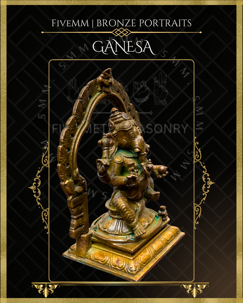 Ganesa Panchaloha Bronze Icon - 5.5" Seated with arch - Antique finish
