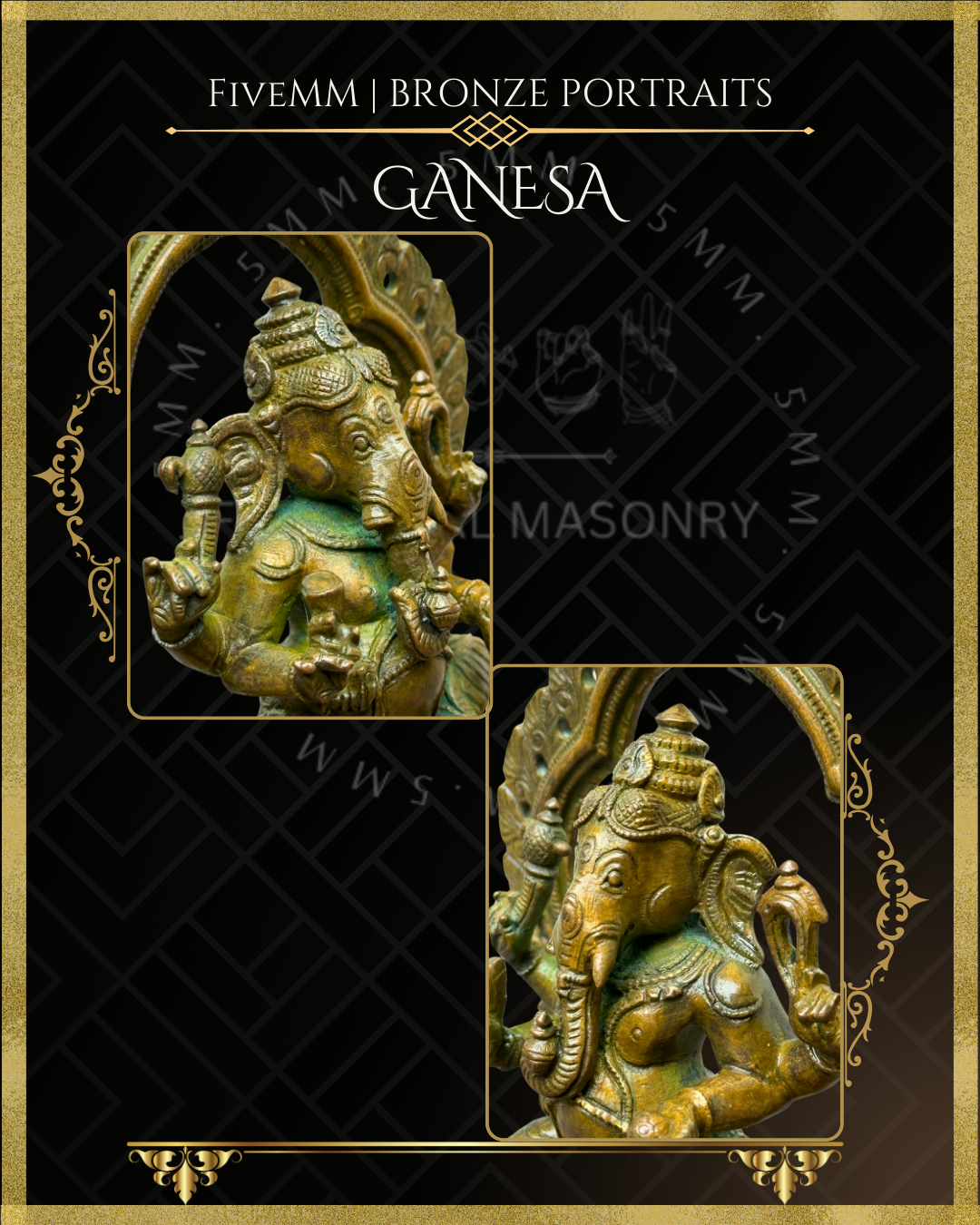 Ganesa Panchaloha Bronze Icon - 5.5" Seated with arch - Antique finish