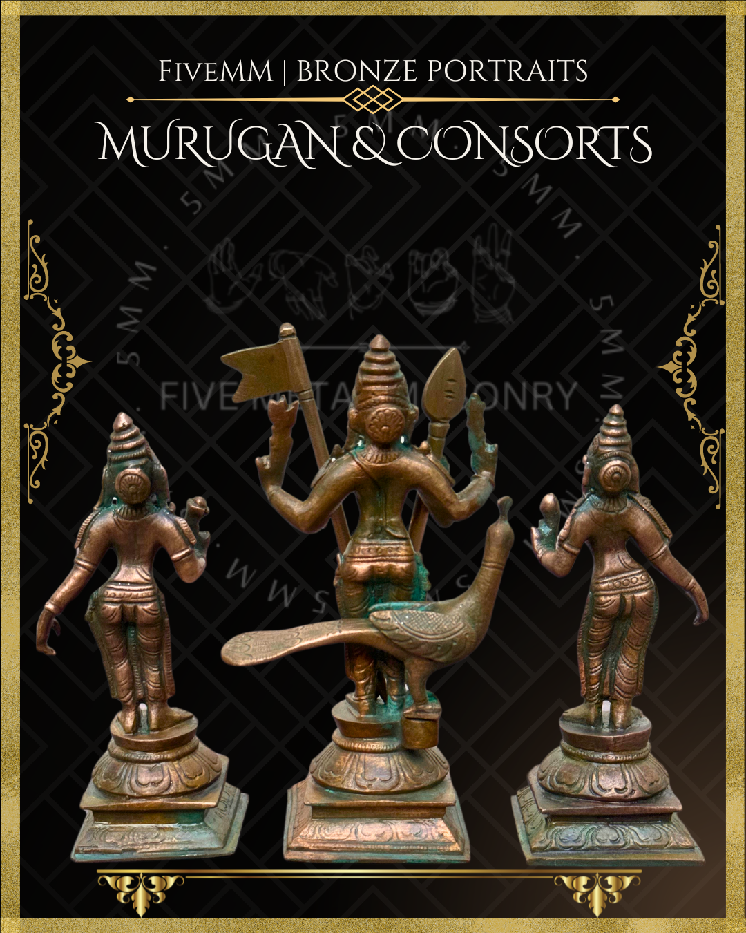 Murugan with Valli and Devasena Panchaloha Bronze Icon Set - 5"