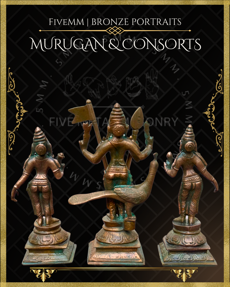 Murugan with Valli and Devasena Panchaloha Bronze Icon Set - 5"