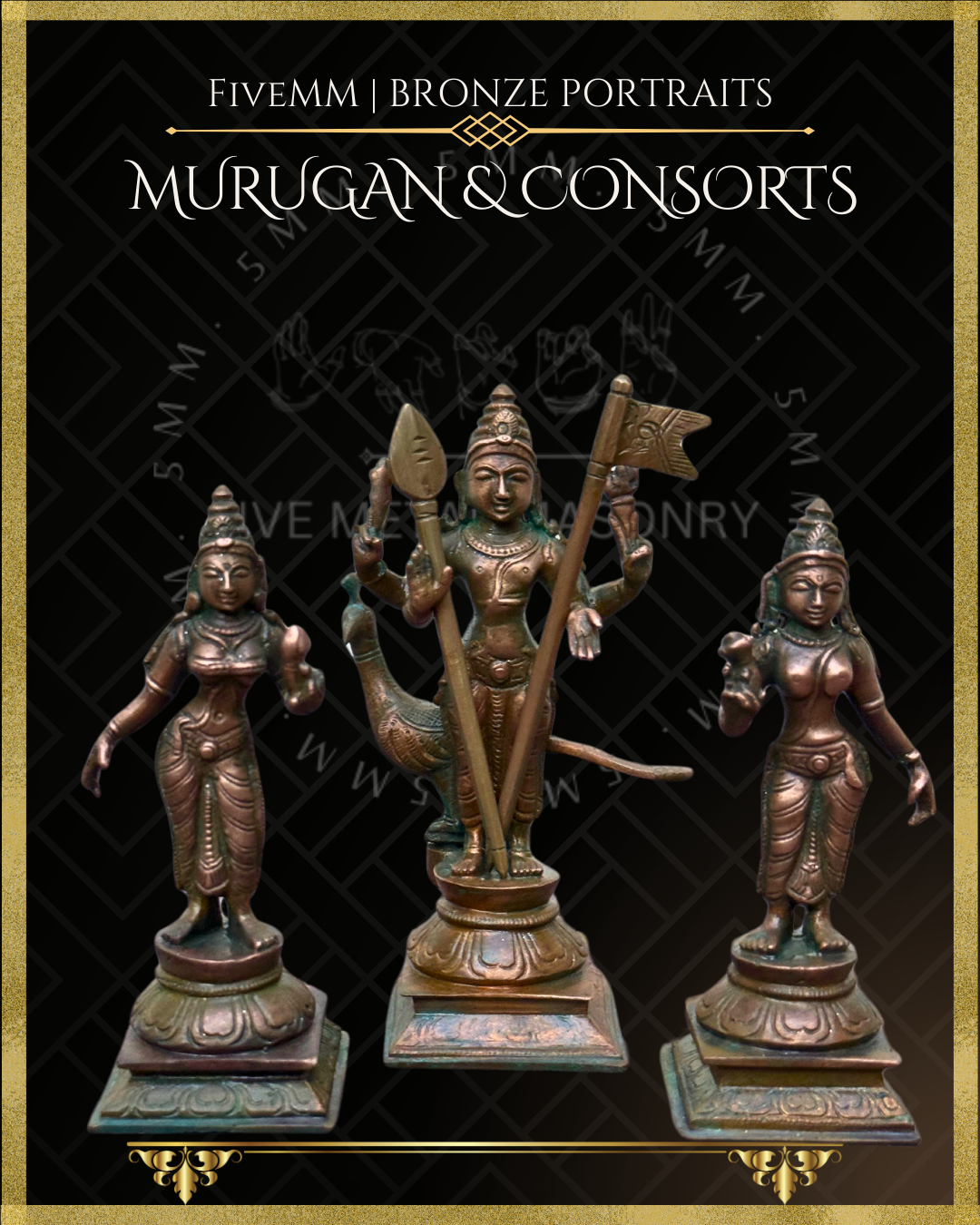 Murugan with Valli and Devasena Panchaloha Bronze Icon Set - 5"